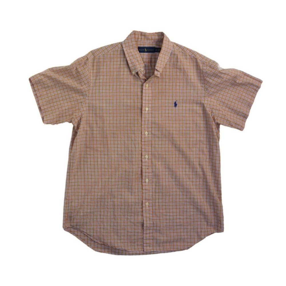 Ralph Lauren Button Down Shirt Men's Size Large Orange Green Plaid Short Sleeve